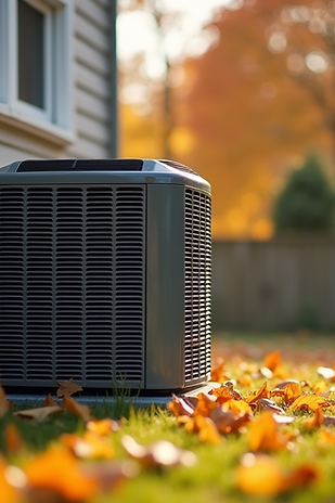 A central air conditioning unit installed by Viking HVAC, a top-rated Phoenix HVAC contractor, sits outside a house surrounded by fallen autumn leaves with a blurred backdrop of vibrant fall trees.