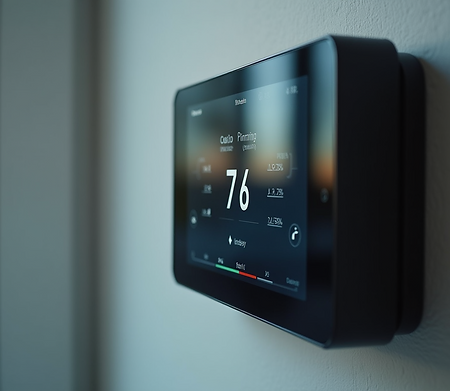 A modern digital thermostat mounted on a wall displays a temperature of 76 degrees. The sleek, touch-screen interface highlights climate control settings, showcasing Viking HVAC expertise from a top-rated Phoenix HVAC contractor.